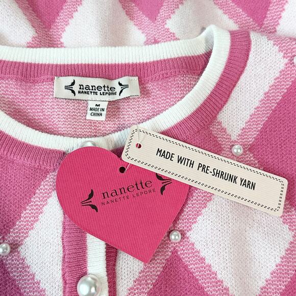 Nanette Lepore Argyle Cardigan Pearl Crew Neck Plaid Barbie Sweater, Pink - Picture 10 of 12